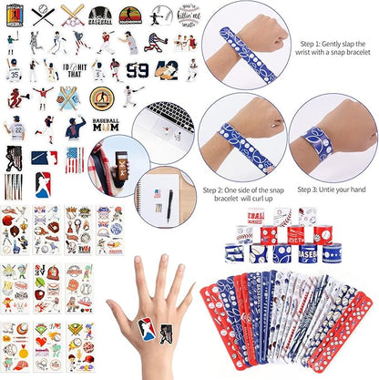 295 Pieces Baseball Party Favors Supplies Set Bulk Mini Baseballs Slap Bracelet Tattoo Sticker Keychain Adjustable Bracelet Goodie Bag Fillers for Sports Baseball Party Gifts Bags (Baseball)