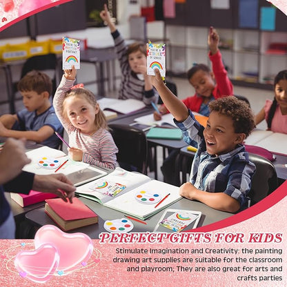 Sabary 24 Sets Valentines Day Gift for Kids, Valentines Gift Painting Cards Painting Canvas Panel with Wooden Easel Watercolor Paint Painting Brush Kit Packaging Bag for Class Gift Art Party