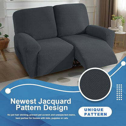 JIVINER 4 Pieces Recliner Loveseat Covers Stretch Recliner Sofa Slipcover with Elastic Bottom Jacquard Fitted Reclining Couch Cover Furniture Protector with Pockets (2 Seater, Dark Grey)