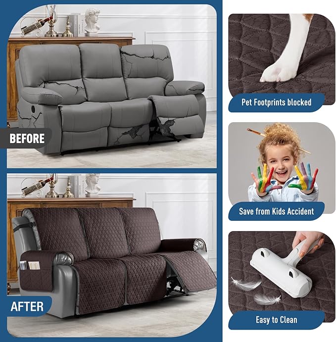 TAOCOCO 100% Waterproof Recliner Sofa Cover-Non Slip Split Couch Covers for Reclining Couches with Elastic Straps,Couch Covers for 3 Cushion Couch Sofa Pet Friendly(Chocolate, 3 Seater)