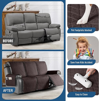 TAOCOCO 100% Waterproof Recliner Sofa Cover-Non Slip Split Couch Covers for Reclining Couches with Elastic Straps,Couch Covers for 3 Cushion Couch Sofa Pet Friendly(Chocolate, 3 Seater)