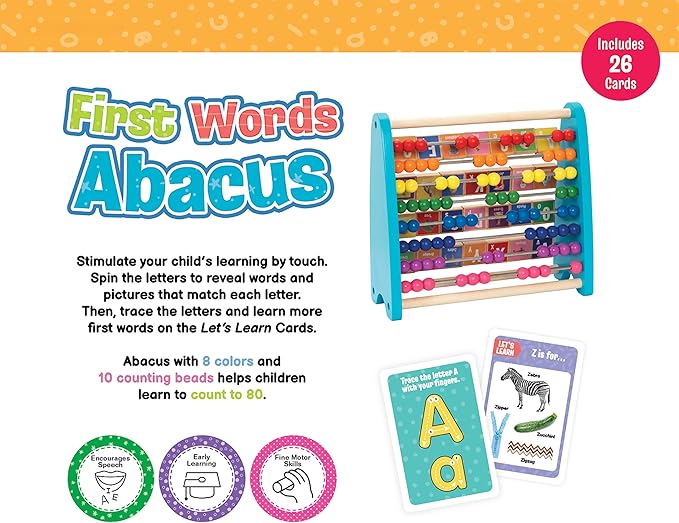 Brilliant Baby® First Words Abacus | Toddler Learning Toy | Educational and Fun Wooden Abacus with Letters First Words and Colors for Early Childhood Development | Interactive Toy for Toddler and Baby