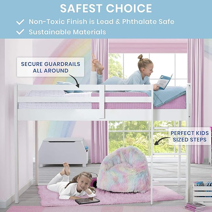 Delta Children Twin Loft Bed with Guardrail and Ladder + Tent [Bundle], White/Chevron