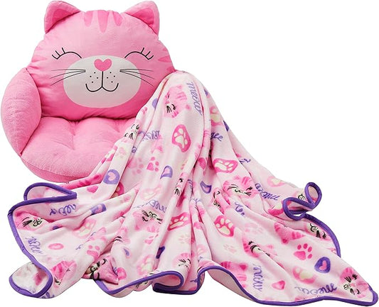 Unicorns & Robots Girls Cat Kids Lounge Pillow with Blanket, Plush Animal Cozy Cushion, Playroom Cozy Cushion & Kitty Room Decor, Ages 3+