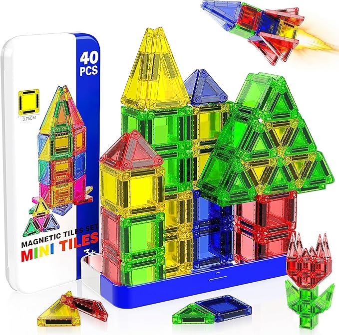 Mini Magnetic Tiles, 40 PCS Travel Magnetic Tiles with Tin, Micro Magnet Travel Toy Portable for Kids Age 3+, STEM Educational Building Set Construction Toys, Boys Girls Toddlers Birthday Gifts