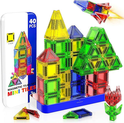 Mini Magnetic Tiles, 40 PCS Travel Magnetic Tiles with Tin, Micro Magnet Travel Toy Portable for Kids Age 3+, STEM Educational Building Set Construction Toys, Boys Girls Toddlers Birthday Gifts