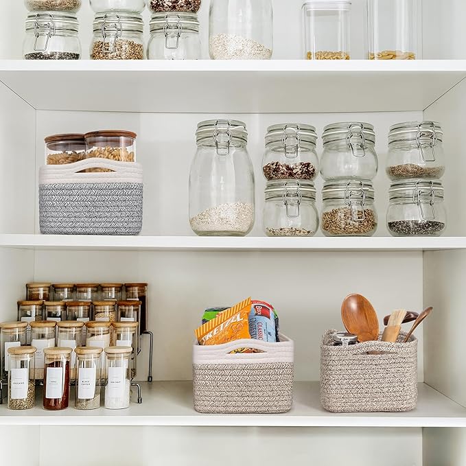 Goodpick Baskets for Organizing, 11 x 7 x 4.5 in, Baskets for Shelves, Toy Storage, Home Decor, Dorm Decor 3 Pack for Bathroom, White & Light Brown
