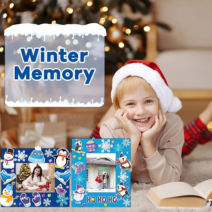 Qyeahkj 506pcs Winter Foam Arts Craft Picture Frame Kit for Kids, 18 Sets Felt Picture Frame with Easel for Winter Snowman Snowflake DIY Party Game Activities Favors Decors Supplies