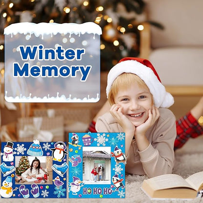 Qyeahkj 506pcs Winter Foam Arts Craft Picture Frame Kit for Kids, 18 Sets Felt Picture Frame with Easel for Winter Snowman Snowflake DIY Party Game Activities Favors Decors Supplies