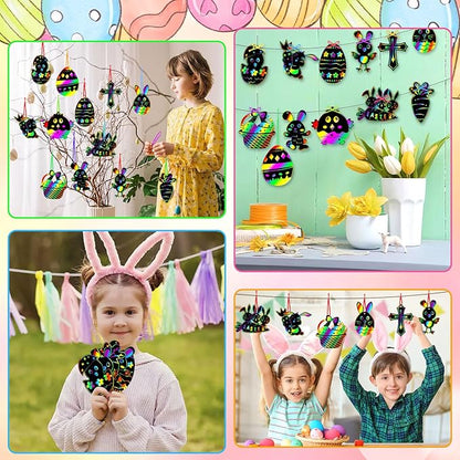 JULMELON Easter Crafts for Kids, 36 Pack Magic Rainbow Scratch Paper Kit Cute Bunny Scratch Art for Kids Easter Party Favors Gifts Egg Basket Stuffers