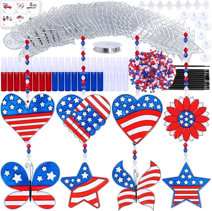 24 Sets Patriotic Suncatchers Ornaments Decorations DIY Window Paint Art Stickers Craft Kit American Star Heart Sun Catchers for Kids Classroom Patriotic 4th of July Activity Art Projects Party Favors
