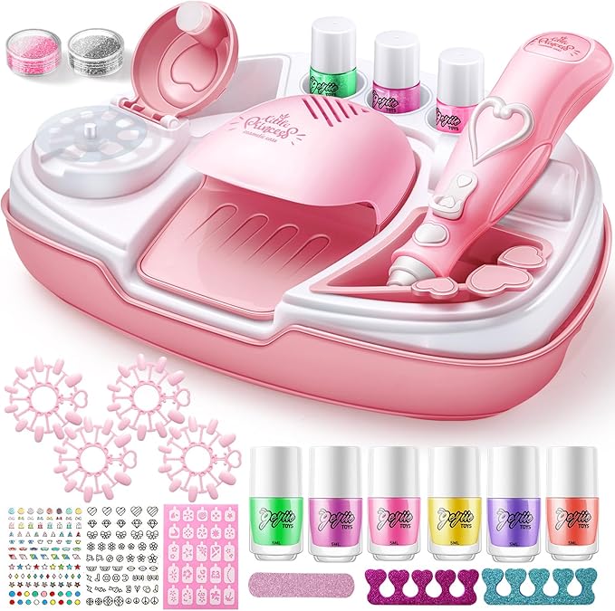 Geyiie Kids Nail Polish Set for Girls, Nail Salon Toys, Nail Decals for Nail Art for Little Girls, Kids Nail Kit with Storage Space, Fake Nails, Nail Dryer, Kids Makeup Kit as Party Favor Gifts