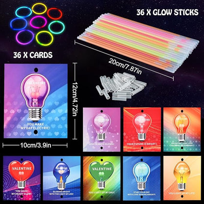Giiffu 36 Packs Neon Valentines Day Gift Cards with Glow Stick Bracelets, Valentines Exchange Gift Cards for Kids Classroom, DIY Valentine's Crafts Art Kits for Class, Party Favors Supplies for School