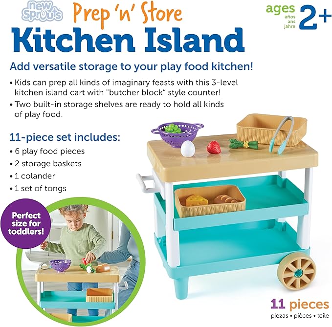 Learning Resources New Sprouts Prep ‘n’ Store Kitchen Island, 11 Pieces, Ages 2+, Play Food for Kids’ Kitchens, Grocery Store Pretend Play, Play Food for Toddlers