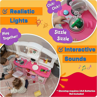 Step2 Fun with Friends Kids Kitchen Playset, Indoor/Outdoor Kitchenette, Interactive Play with Lights and Sounds, Durable Plastic, Includes 25 Piece Toy Accessories, Toddlers 2+ Years Old, Pink