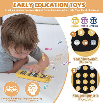 Orzbow Baby Remote Control Toy for 6 Month+ with Silicone Teether Cover, TV Remote Toy with Realistic Light and Sound - English, French and Spanish for Infant Play Remote Musical Toys, BPA Free, Black
