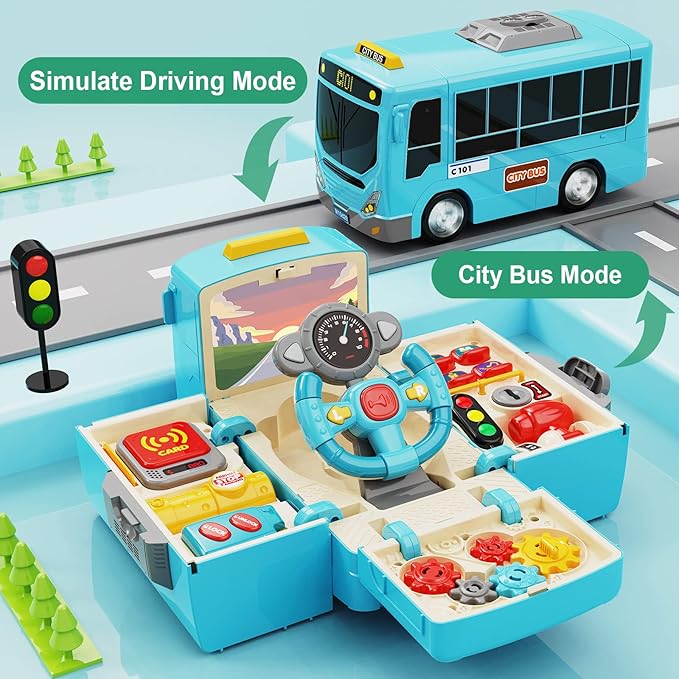 HONGTUO Bus Toy with Sound and Light, Simulation Steering Wheel Gear Toy, Toddlers Bus Toys with Music Education Knowledge Simulation Driving Bus Toys, Gift for 1-3-5 Boys & Girls