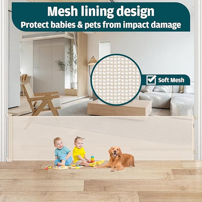 105 Inch Retractable Baby Gates Extra Wide Retractable Dog Gate Extra Wide Baby Gates for Large Openings Extra Long Dog Gates for Doorways Indoor Outdoor Extra Large Pet Gates for Dogs, Beige