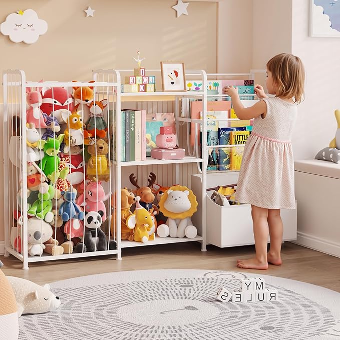 BBLIKE 3in1 Stuffed Animal Storage Organizer - Toy Storage with Kids Bookshelf & Large Plushies Holder for Kids Room - Multi-Functional Furniture for Nursery, Bedroom, and Playroom, White