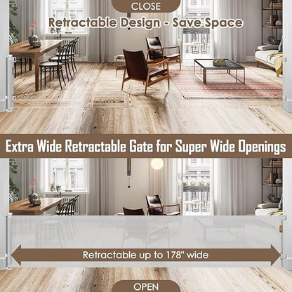 178 Inch Extra Long Baby Gate Retractable Dog Gate Outdoor Gates for Decks Indoor Retractable Baby Gates Wide Dog Gate for Super Wide Openings Retractable Gates for Dogs, Garage Gate, Light Gray