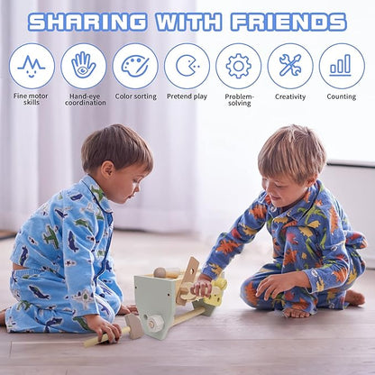 Montessori Wooden Tools Kit Toddler Educational Construction Kids Toys Sets Play Box Preschool Play Tool Wooden Construction Toy （Yellow）