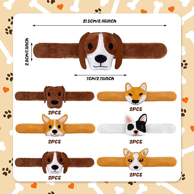 12 PCS Stuffed Dog Animal Slap Bracelets Plush Animal Slap Bracelets Cute Wrist Slap Band Toy Wrist Animals Wrist Pets Slap Bracelet Wrist Toy for Boys Girls Birthday Gifts Party Favors 6 Styles