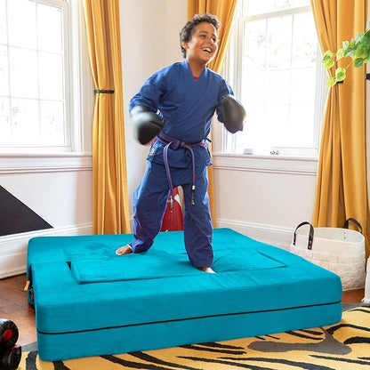 Jaxx Zipline Kids Sofa & Large Ottoman, 3 in 1 Fold Out Sofa, Big Kids Edition, Teal