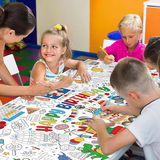 Happy Birthday Giant Coloring Poster for Kids 30x72 Inch, Birthday Large Coloring Poster Tablecloth, Birthday Themed Color-in Activities Games for Kids School Classroom Home Party Supplies Decorations