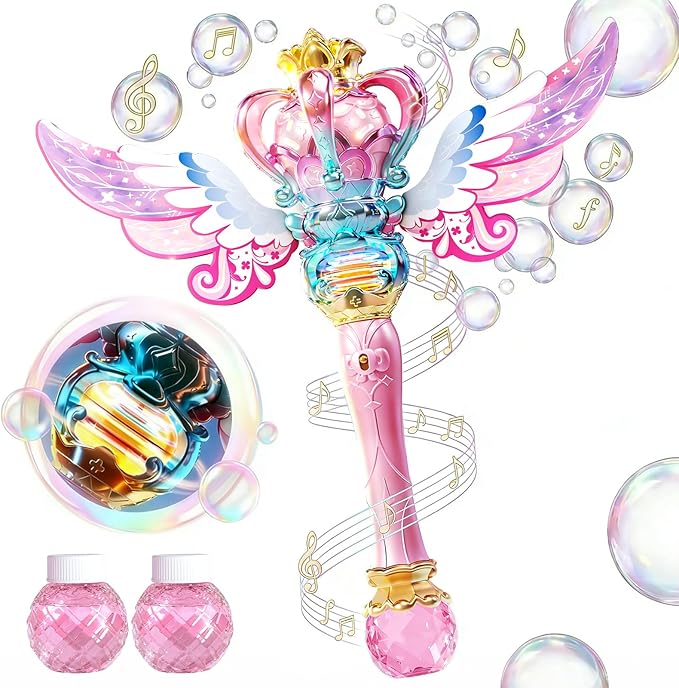 Uregoio Princess Bubble Wand for Girls - Rechargeable Spinning Light Up Magic Fairy Scepter Bubble Machine Toy with 12 Bubble Refills & Music, Easter Birthday Gift for Kids Toddlers Age 3-8 (Pink)