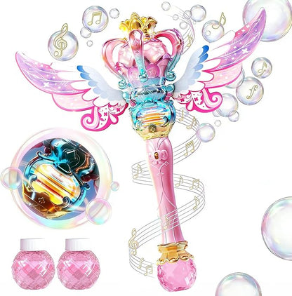 Uregoio Princess Bubble Wand for Girls - Rechargeable Spinning Light Up Magic Fairy Scepter Bubble Machine Toy with 12 Bubble Refills & Music, Easter Birthday Gift for Kids Toddlers Age 3-8 (Pink)