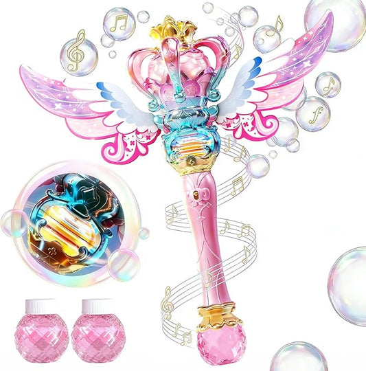 Uregoio Princess Bubble Wand for Girls - Rechargeable Spinning Light Up Magic Fairy Scepter Bubble Machine Toy with 12 Bubble Refills & Music, Easter Birthday Gift for Kids Toddlers Age 3-8 (Pink)