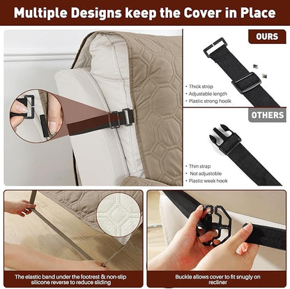 XINEAGE 100% Waterproof Recliner Chair Cover, Non Slip Covers for Recliner Chair with Pocket, Washable Dog Recliner Couch Cover with Elastic Straps (Light Coffee, 30")