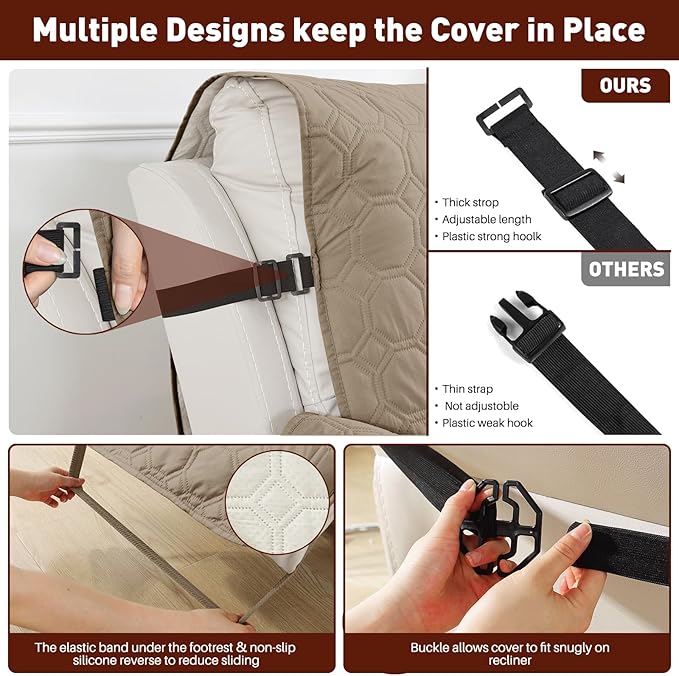 XINEAGE 100% Waterproof Recliner Chair Cover, Non Slip Covers for Recliner Chair with Pocket, Washable Dog Recliner Couch Cover with Elastic Straps (Light Coffee, 22")