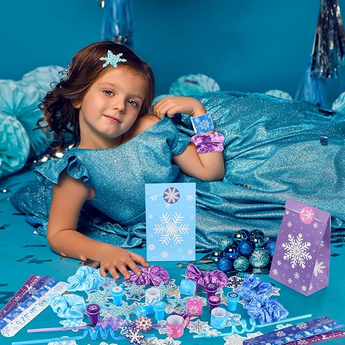 LiYiQ 122Pcs Winter Snow Themed Party Favors with Drinking Straws Slap Bracelets Stamps Stickers Hair Clip Hair Scrunchies Gift Bags for Kids Girls Snowflake Party Favors Baby Shower Party Supplies