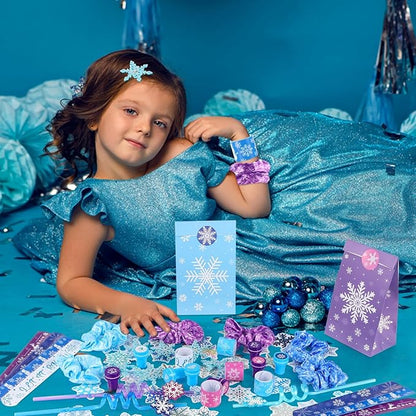 LiYiQ 122Pcs Winter Snow Themed Party Favors with Drinking Straws Slap Bracelets Stamps Stickers Hair Clip Hair Scrunchies Gift Bags for Kids Girls Snowflake Party Favors Baby Shower Party Supplies
