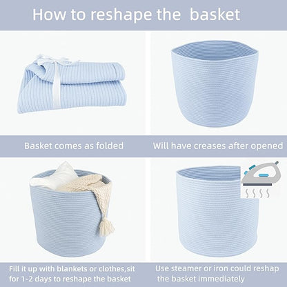 XUANGUO Cotton Rope Basket For Girls Boys Kids 16”X14” Baby Laundry Baskets Nursery Bin Round Woven Basket For Storage Toys Blankets Shoes Clothes blue