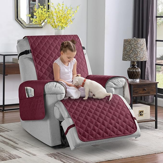 TAOCOCO Non-Slip Recliner Chair Cover Sofa Slipcover, Pet Cover for Large Recliner with Elastic Straps, Washable Chair Seat Cover Recliner Chair Furniture Protector (28'' Oversized, Wine)