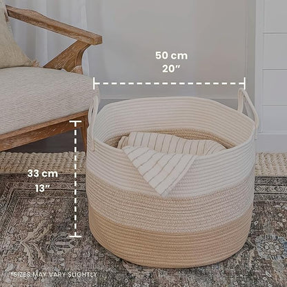 OrganiHaus Large Woven Storage Basket for Blankets and Toys 20" x 13" Inch, Rope Laundry Basket with Handles, Cushions & Pillows Storage Bin, Nursery Hamper, Soft Round Dog Toy Bin - Honey