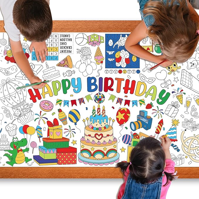 Happy Birthday Giant Coloring Poster for Kids 30x72 Inch, Birthday Large Coloring Poster Tablecloth, Birthday Themed Color-in Activities Games for Kids School Classroom Home Party Supplies Decorations