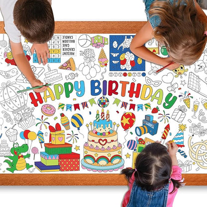 Happy Birthday Giant Coloring Poster for Kids 30x72 Inch, Birthday Large Coloring Poster Tablecloth, Birthday Themed Color-in Activities Games for Kids School Classroom Home Party Supplies Decorations