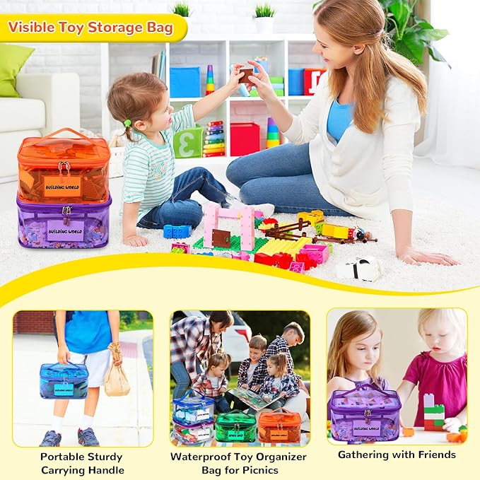Tesuko 6 Pack Clear Toy Storage Bag with Name Tag& Manual Pocket, Waterproof Transparent PVC Toy Organizer Case for Lego Bricks, Board Games, Building Blocks, Puzzles (Large Capacity, Full Colourful)