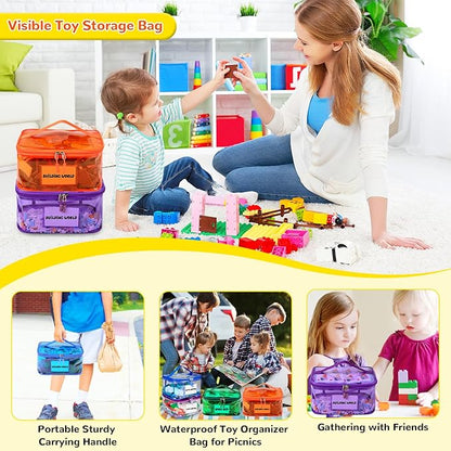 Tesuko 6 Pack Clear Toy Storage Bag with Name Tag& Manual Pocket, Waterproof Transparent PVC Toy Organizer Case for Lego Bricks, Board Games, Building Blocks, Puzzles (Large Capacity, Full Colourful)