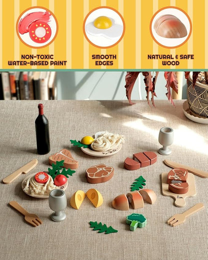 Wooden Play Food Set, Wooden Food Toys for Toddlers 1-3, Wooden Kitchen Toys Include Steak Pasta Wine Shopping Bag, Montessori Kitchen Tools for Toddlers, Cut Fruit Gift for Girl Boy 3-5 Years