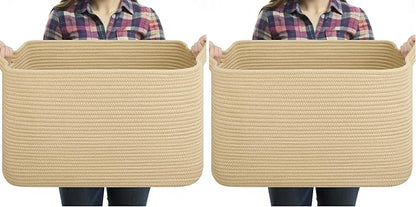 OIASKET Large Blanket Basket, Jute Blanket Storage Living Room, Rectangle Woven Baskets for Storage Toys, Towels, Dirty Clothes Organizer Bins (Jute) (Pack of 2)