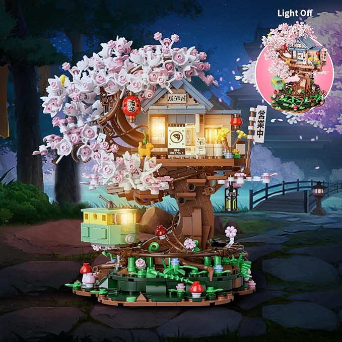 Cherry Blossom Treehouse Building Set for Girls 8-12, Compatible with Lego Friends, Flowers House Japanese Izakaya Shop Architecture Building Blocks with Light for Adults, Gift Toy for Kids (1098 PCS)