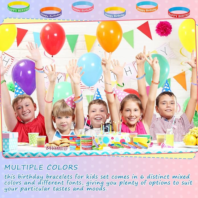 Sratte 120 Pcs Happy Birthday Rubber Bracelets for Kids Stretch Wristbands Bulk Birthday Bracelets for Classroom Student Back to School Gift Teacher Birthday Party Favors Supplies