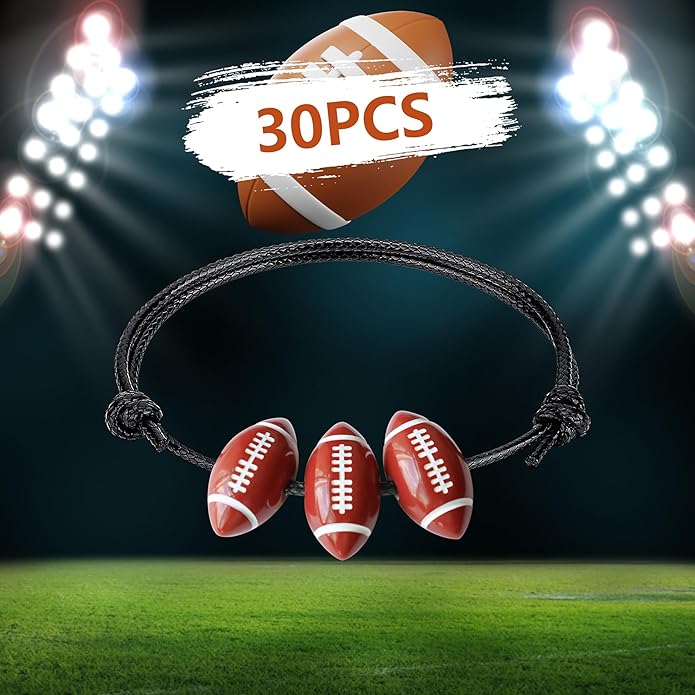 30pcs Sport Theme Charm Bracelets Adjustable Inspirational Beads Ball Party Favors for Teens Boys Girls Adult Decoration Wristbands Student Present