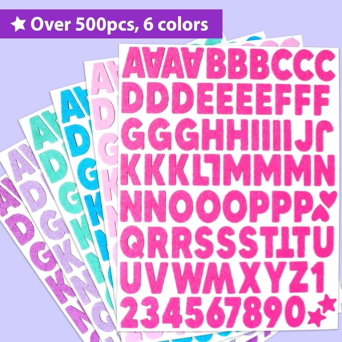 KRAFUN 500+ Felt Stickers for Kids - Self-Adhesive Alphabet Letters, Numbers & Fun Shapes DIY Scrapbook Arts and Crafts Supplies Educational Learning Activity Gift for Toddlers Boys & Girls Ages 3+