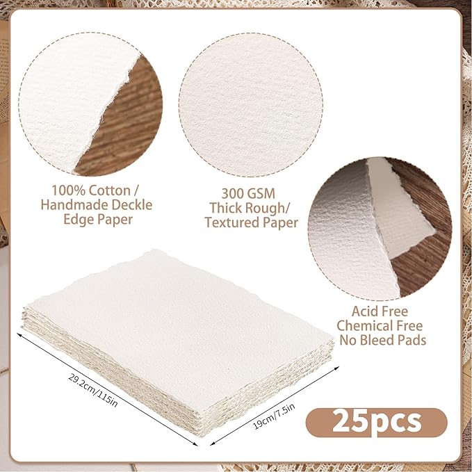 25 Sheets Watercolor Paper, 300 GSM Deckled Edge Paper 7.5 x 11.5 inch Rough/Textured Handmade Paper Cotton Paper for Watercolors, Wedding Invitations, Cards, Crafts