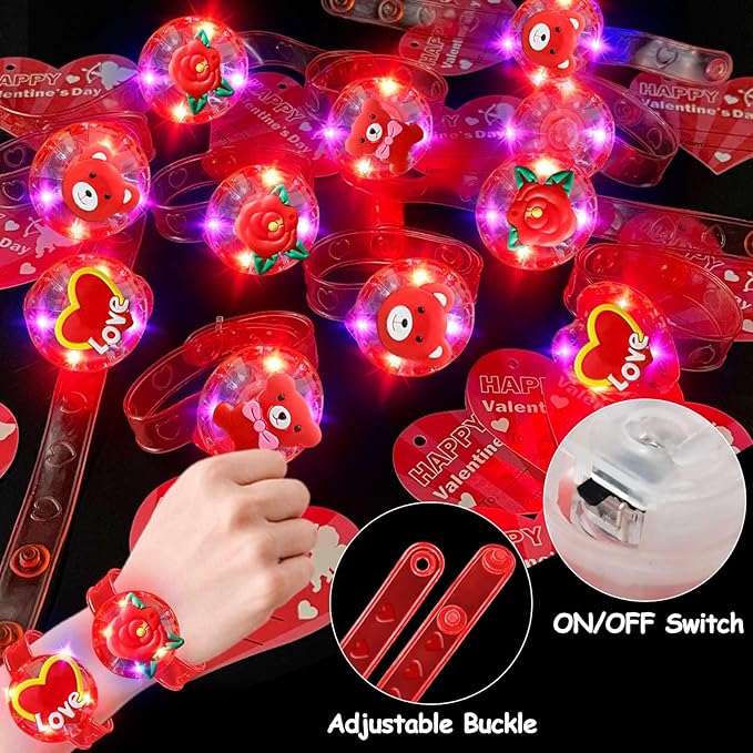 AMENON 24 Pack Valentines LED Bracelets Valentine Gifts Toys Party Favor for Kids Valentine Day Cards Heart with Flashing Light Up Bracelets Glow in the Dark for Valentine Classroom School